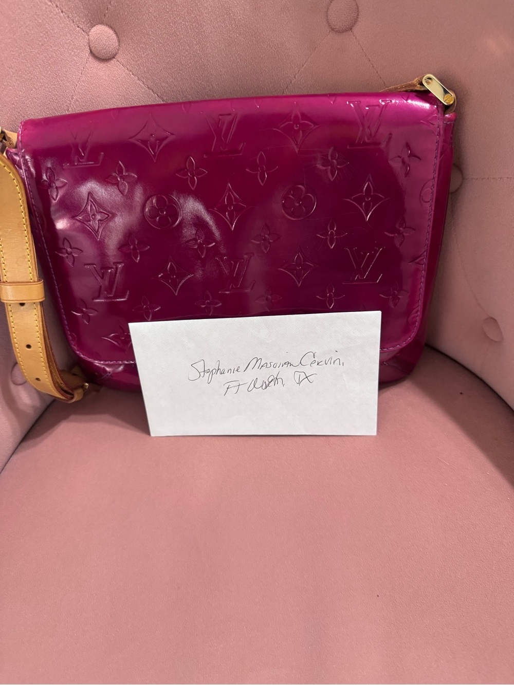 Louis Vuitton Patent Monogram in Deep Pink with Tan Strap